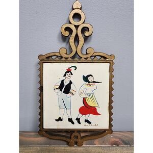 Vintage Cathay Cast Iron Kitchen Tile Trivet Hand Painted. From Japan